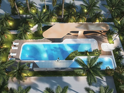 Luxury Residential Landscape with Swimming Pool Palm Trees Lounge Chairs and Ambient Lighting 3d model