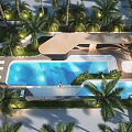 Luxury Residential Landscape with Swimming Pool Palm Trees Lounge Chairs and Ambient Lighting