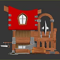 Wooden Building With Red Roof Water Mill Wheel And Mechanical Conveyor Detailed Design