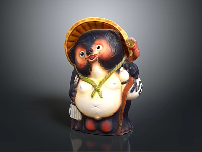 Traditional Figurine Anthropomorphic Creature Character With Yellow Bamboo Hat Black Face And Red Feet 3d model