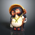 Traditional Figurine Anthropomorphic Creature Character With Yellow Bamboo Hat Black Face And Red Feet