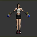 Woman with white crop top black skirt black gloves holding colorful weapons and red sneakers