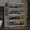 Dinnerware Set And Kitchen Utensils On White Multi tiered Shelf Organizing Spices Appliances And Vegetables
