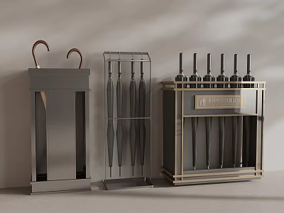 Modern Metal Umbrella Stands With Black And Gold Frames Holding Folded And Long Umbrellas 3d model