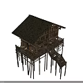 Traditional Wooden Detached Villa With Stilted Design Tiled Roof Balconies And Staircases