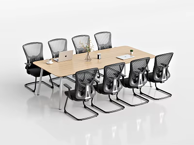 Modern Wooden Conference Table With Black Office Chairs Laptop Vase Papers And Coffee Cup 3d model