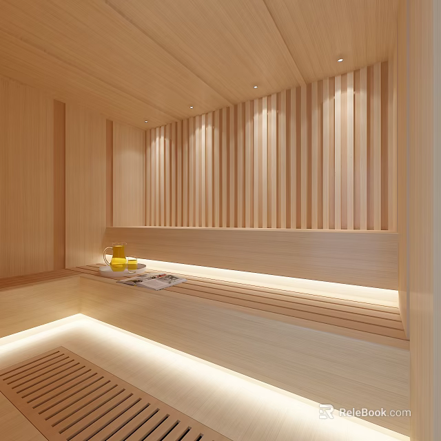 Cozy Modern SPA Sauna Interior With Wooden Panel Walls Bench And Soft Lighting 3d model 