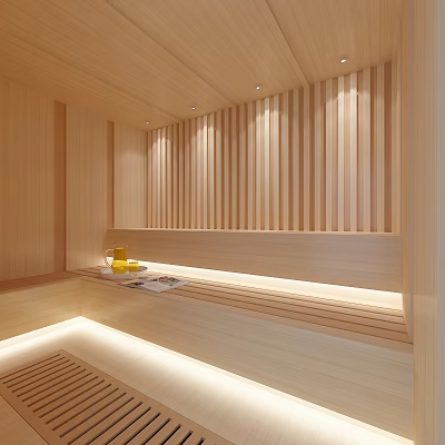 Cozy Modern SPA Sauna Interior With Wooden Panel Walls Bench And Soft Lighting 3d model