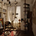 Modern Study Room Interior With Bookshelves Colorful Painting Gold Plant And Decorative Sculpture