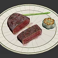 Raw Tuna Fish Sashimi Slices on White Plate With Fresh Asparagus and Garlic