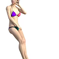 Woman in Bikini With Purple and Pink Top and Green Bottom on White Background