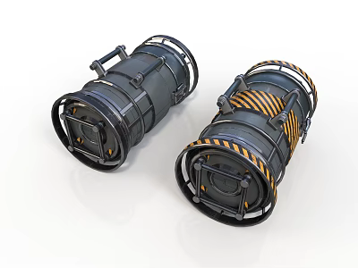 Two Industrial Black Cylindrical Devices With Yellow Black Stripes And Metal Handles 3d model
