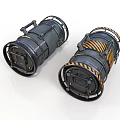 Two Industrial Black Cylindrical Devices With Yellow Black Stripes And Metal Handles