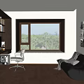 Study Room With Bookshelf Writing Desk Bean Bag Chair And Lake View Through Window