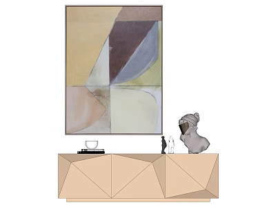 Abstract Geometric Wall Painting Above Geometric Cabinet With Sculpture And Cup 3d model