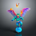 Winged Mythical Creature With Flaming Wings Teal Body And Blue Pants Standing On Globe