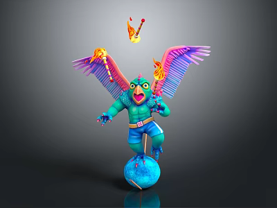 Winged Mythical Creature With Flaming Wings Teal Body And Blue Pants Standing On Globe 3d model