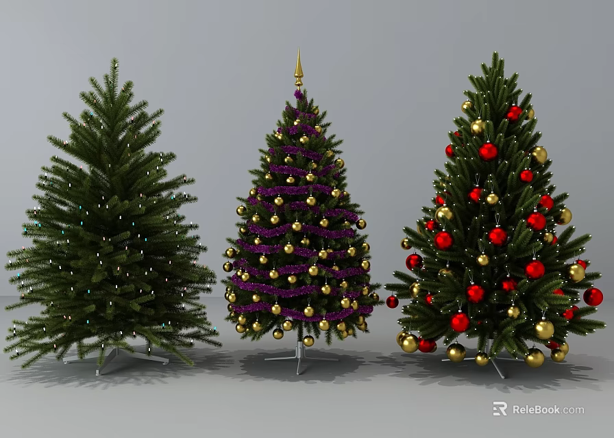 Three Festive Christmas Trees with White Lights Purple Gold Red Ornaments and Decorative Topper 3d model 