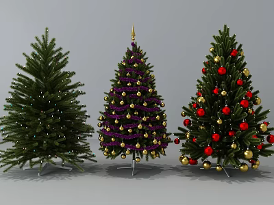 Three Festive Christmas Trees with White Lights Purple Gold Red Ornaments and Decorative Topper 3d model