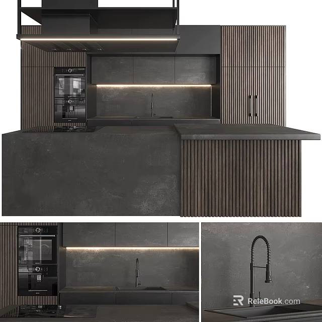 Modern Kitchen Interior With Dark Wooden Cabinets And Island Counter Lighting 3d model 