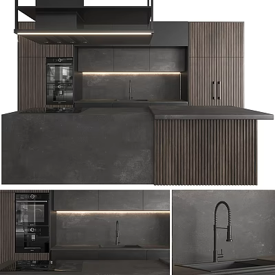 Modern Kitchen Interior With Dark Wooden Cabinets And Island Counter Lighting 3d model