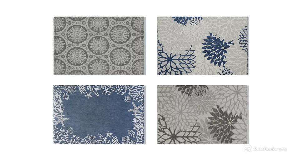Decorative Square Rugs Featuring Geometric Floral Patterns In Gray Blue White Tones 3d model
