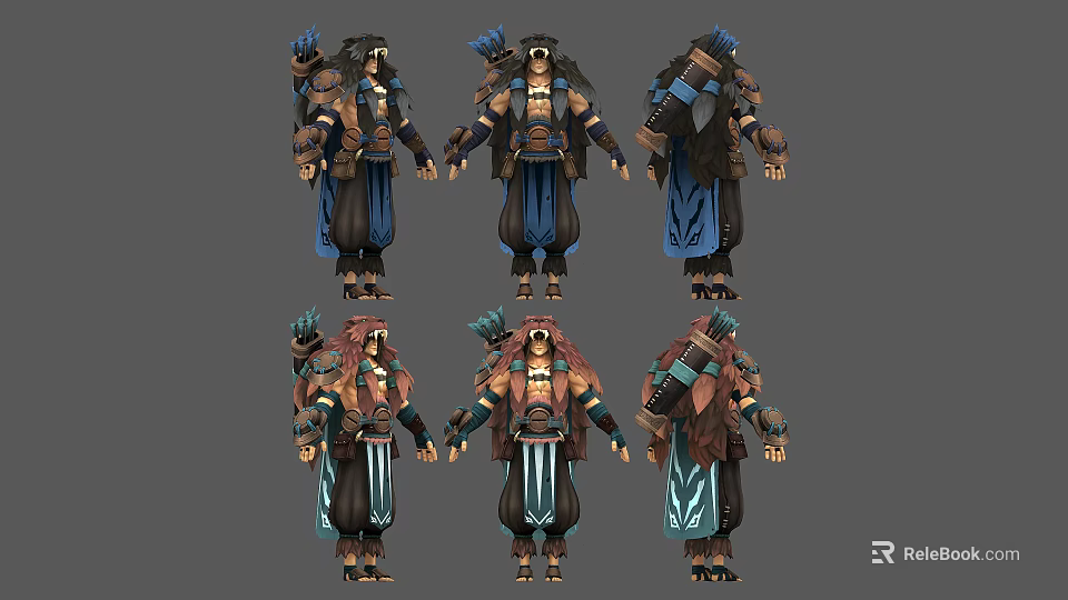 Man Character Model in Blue Brown Outfit Displaying Different Angles on Gray Background 3d model