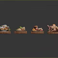 Assorted Food Items on Wooden Trays Including Hamburgers Fried Chicken Salads and Desserts
