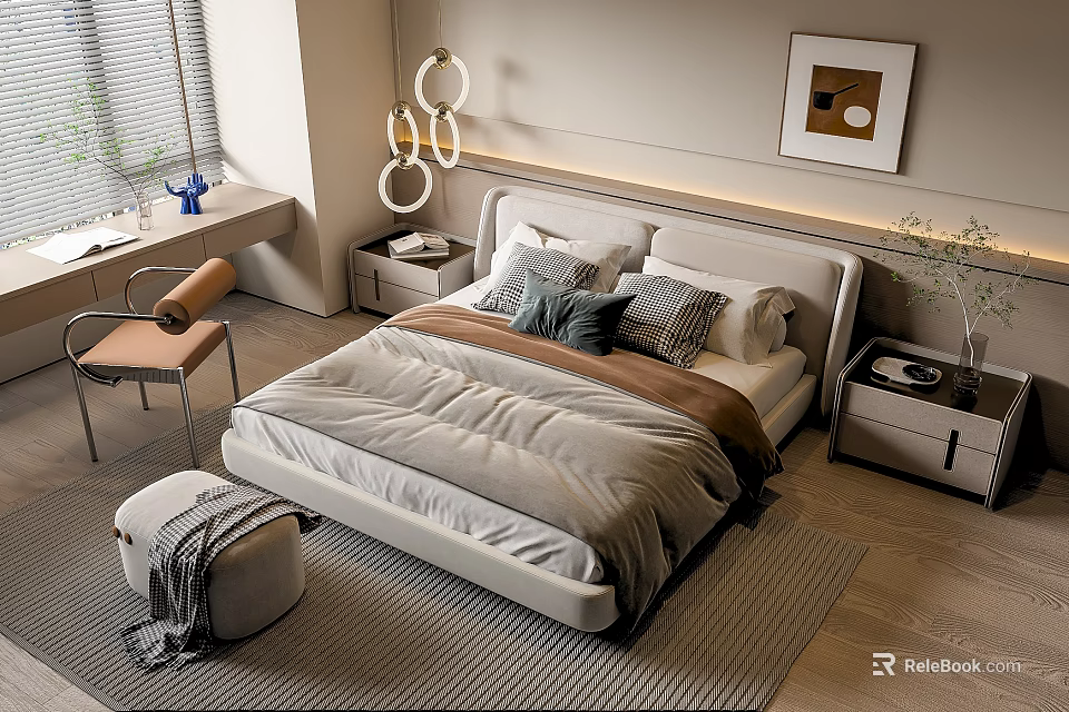 Modern Double Bed Bedroom Interior With Soft Bedding Round Pendant Lights And Wooden Floor 3d model 
