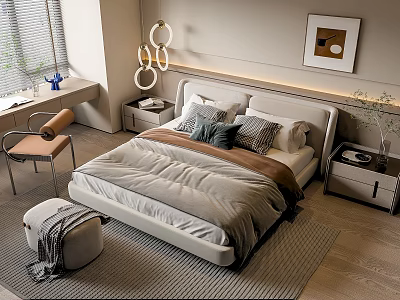 Modern Double Bed Bedroom Interior With Soft Bedding Round Pendant Lights And Wooden Floor 3d model