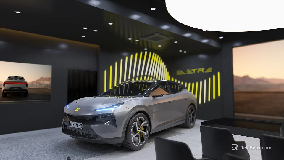 Modern Showroom Interior With Gray Car Yellow Striped Background Black Seats And Lighting 3d model 