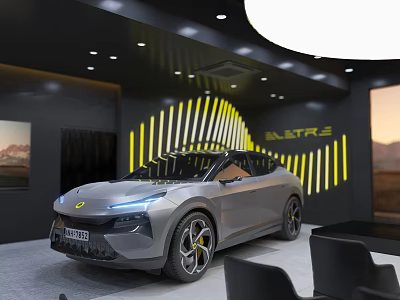 Modern Showroom Interior With Gray Car Yellow Striped Background Black Seats And Lighting 3d model