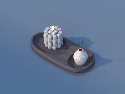Home Living Essentials Wooden Tray With Lit White Cube Candle And Reed Diffuser 3d model