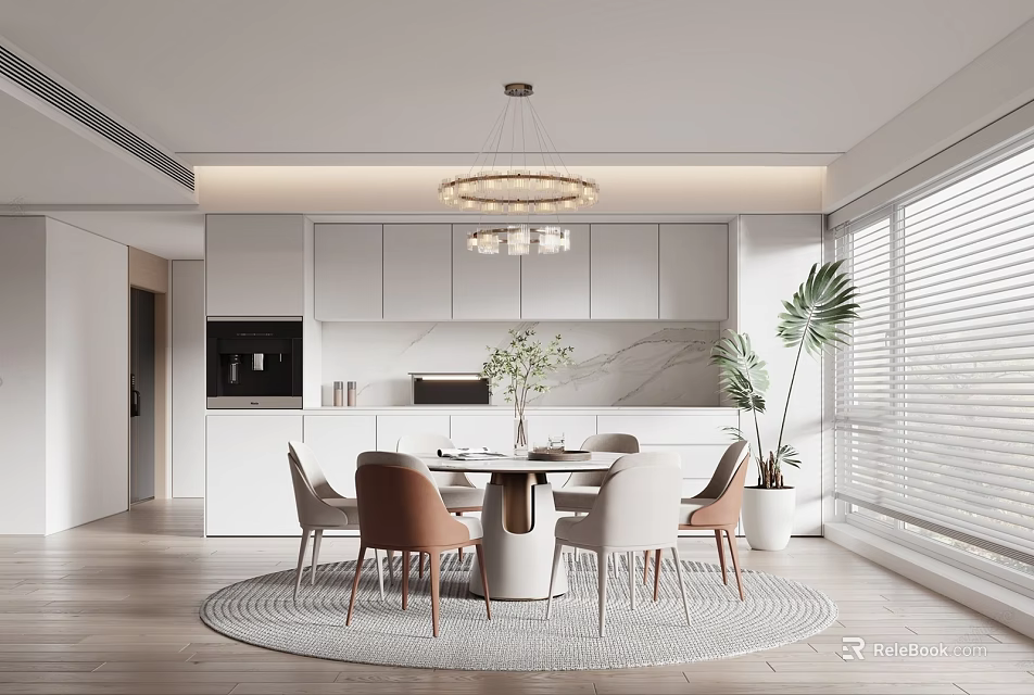 Modern Minimalist Restaurant Interior Design With Dining Table Chairs Hanging Lamp And Green Plants 3d model 