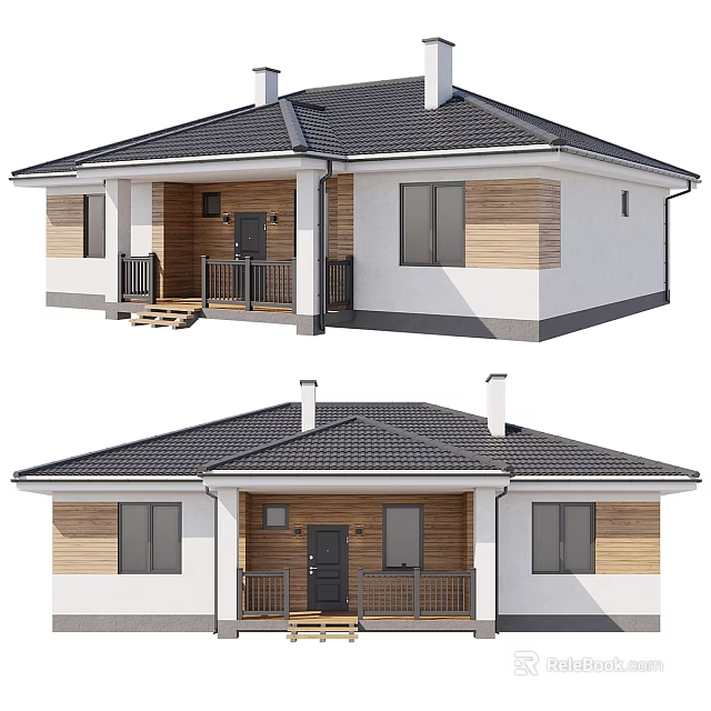 Detached House Exterior With Black Tiled Roof Wood And White Walls Porch And Windows 3d model 