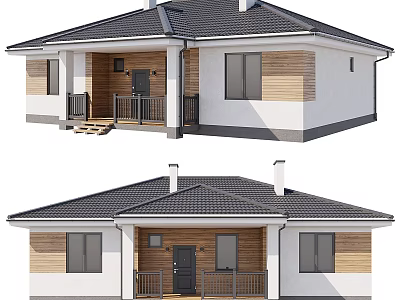Detached House Exterior With Black Tiled Roof Wood And White Walls Porch And Windows 3d model
