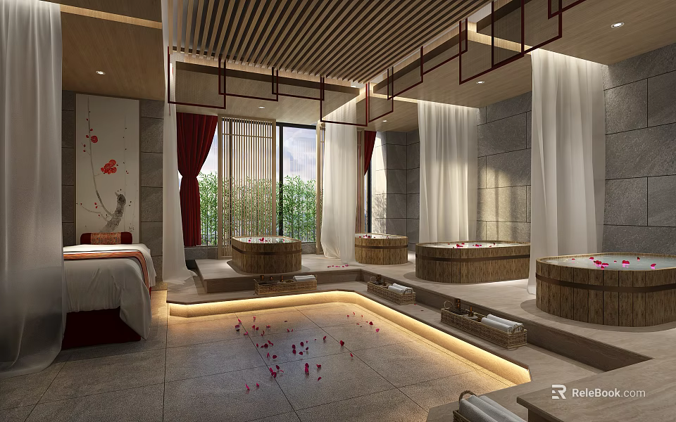 Luxurious SPA Sauna with Traditional Chinese Wooden Bathtubs Petals and Stone Walls 3d model 