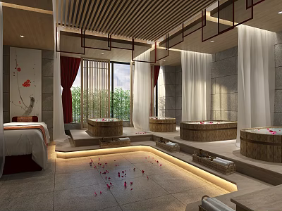 Luxurious SPA Sauna with Traditional Chinese Wooden Bathtubs Petals and Stone Walls 3d model