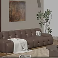 Modern Brown Leather Sectional Sofa With White Throw Blanket Coffee Table And Green Plant