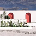 White Feature Wall With Red Arches Geometric Pattern Cactus Plants And Stone Path 3d model