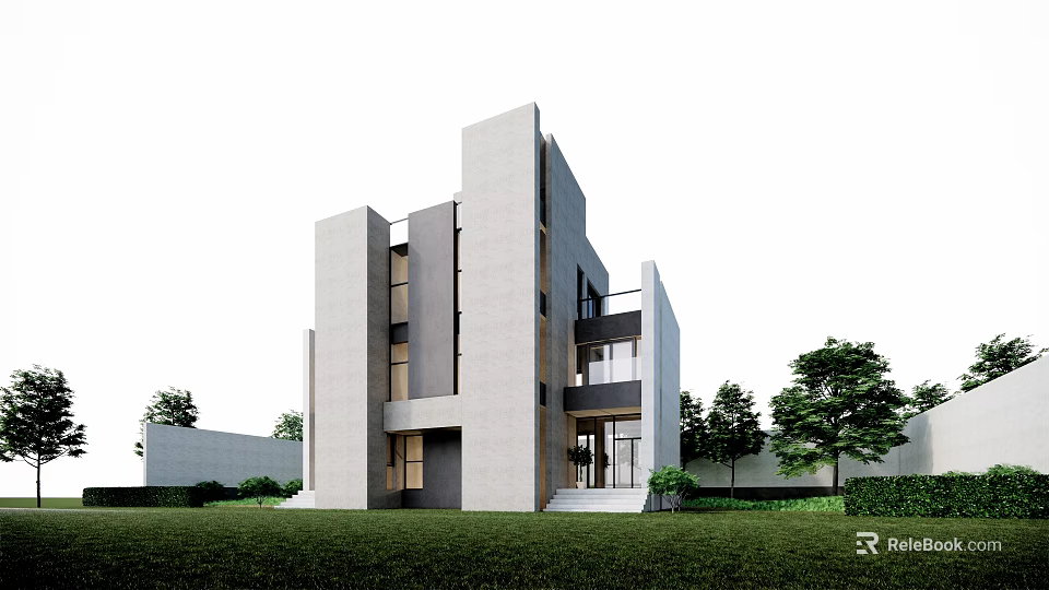 Modern Detached Villa Exterior With Geometric Structure Glass Windows And Greenery Lawn 3d model 