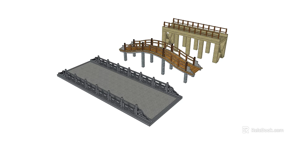 Various Design Bridge Models With Wooden Arch And Stone Railing Structures 3d model