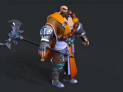 Bald Bearded Man In Orange Robe With Wooden Beads Holding Large Axe And Metal Armor 3d model