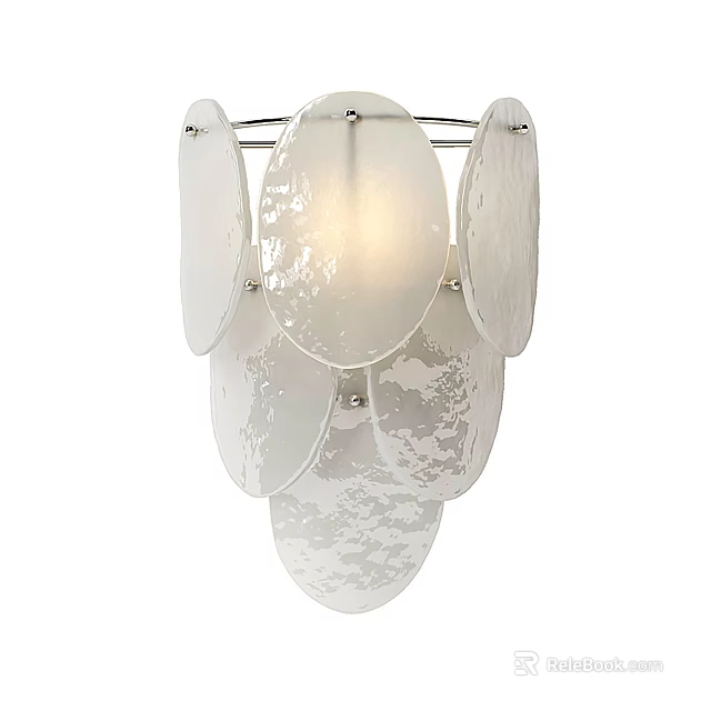 White Textured Glass Chandelier With Layered Oval Discs And Metallic Frame 3d model 