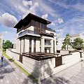 Modern Detached Villa Exterior With Stone Facade Large Windows Green Lawn And Trees