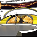 Elegant Curved Stage Design With Yellow Lights Red Curtains And Circular Decorations