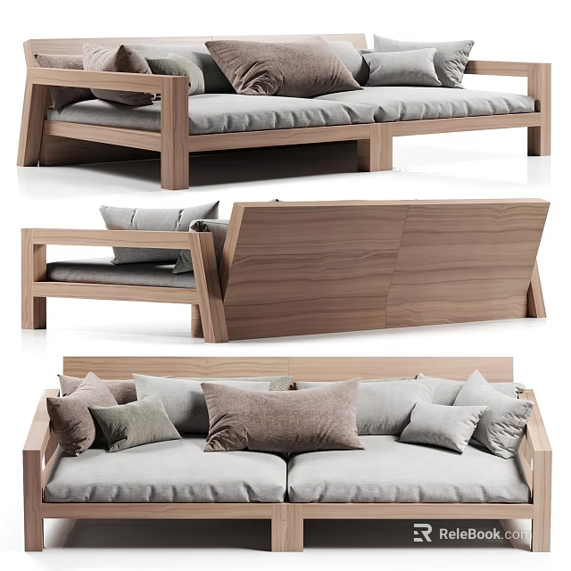 Modern Two-Seater Sofa with Wooden Frame Light Gray Cushions and Mixed Color Pillows 3d model 