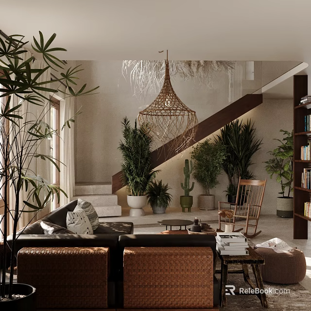 Duplex Living Room With Lush Plants Wicker Chandelier And Cozy Furniture 3d model 