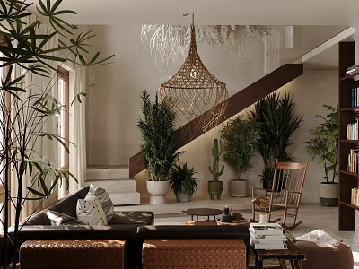 Duplex Living Room With Lush Plants Wicker Chandelier And Cozy Furniture 3d model