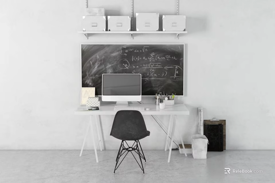 Minimalist Modern Office Desk With Computer Stationery Black Chair Above Shelves And Blackboard 3d model 